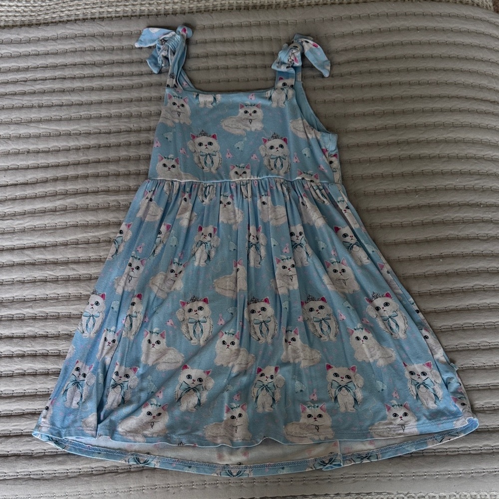Posh Peanut Light Blue Kitten Print Tie-Shoulder Dress Sz 5-6T